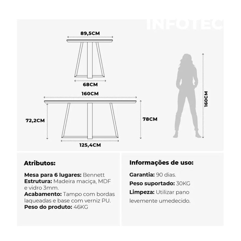 Mesa De Jantar Bennett Retangular Natural com Off White